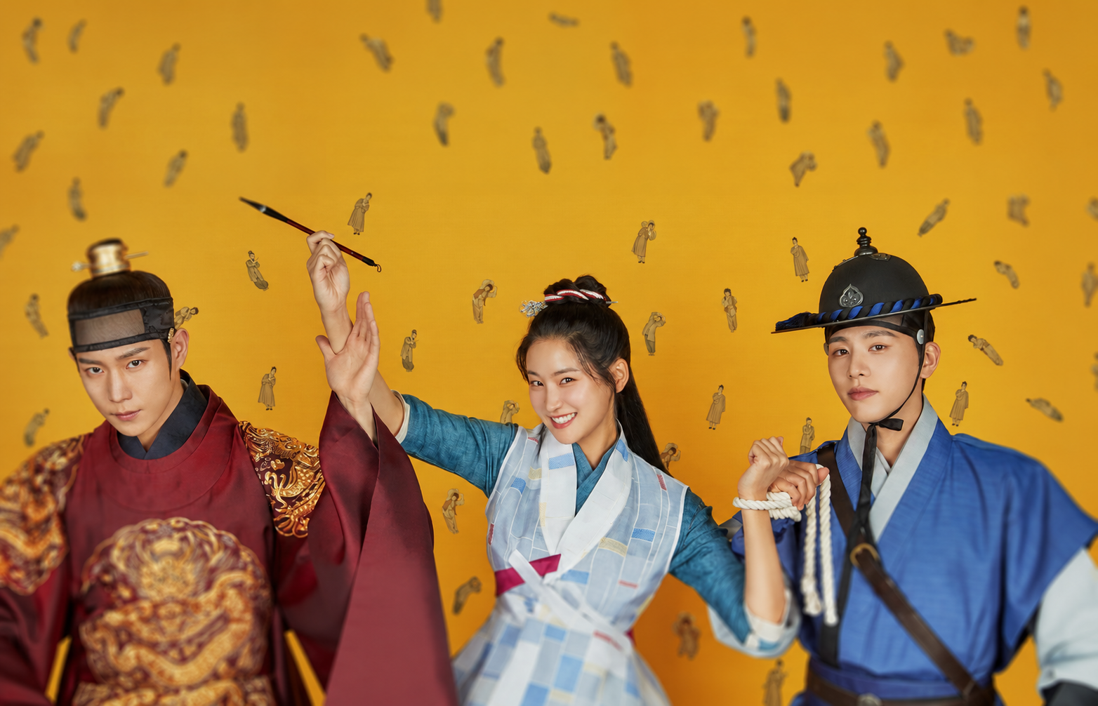 Kim Young-dae, Park Ju-hyun, and Kim Woo-seok in promotional artwork for The Forbidden Marriage (2022).