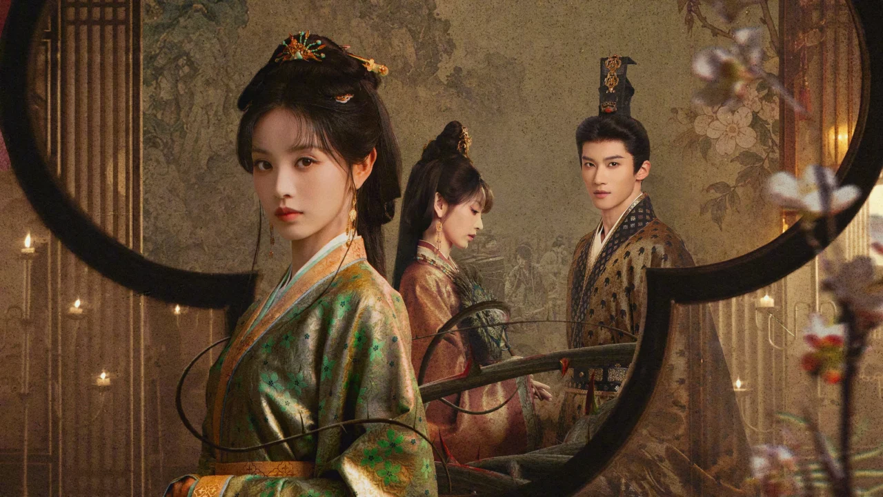 Scene from Where the Mask Ends (2026), featuring a woman in green traditional Chinese clothing with a man standing behind her.